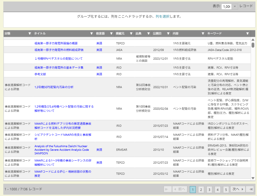 資料検索ページ下部の検索結果一覧