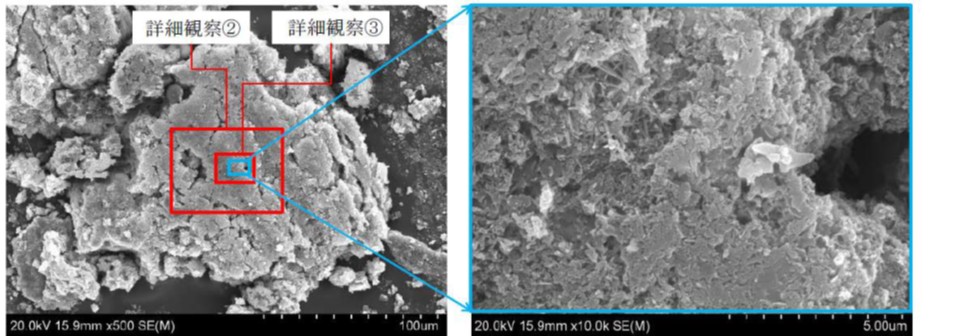 図4 詳細観察②及び③の範囲及び詳細観察③中の拡大FE-SEM像