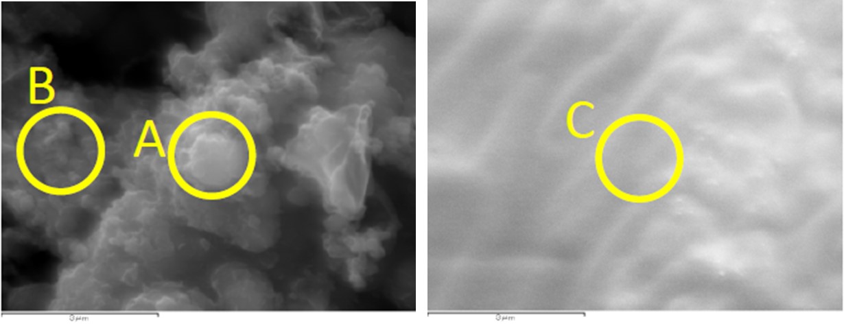 図4 2WEL2101C WDX点分析の概略位置 点A:U含有粒子上 点B:U含有粒子周辺の粒子 点C:カーボンテープ上