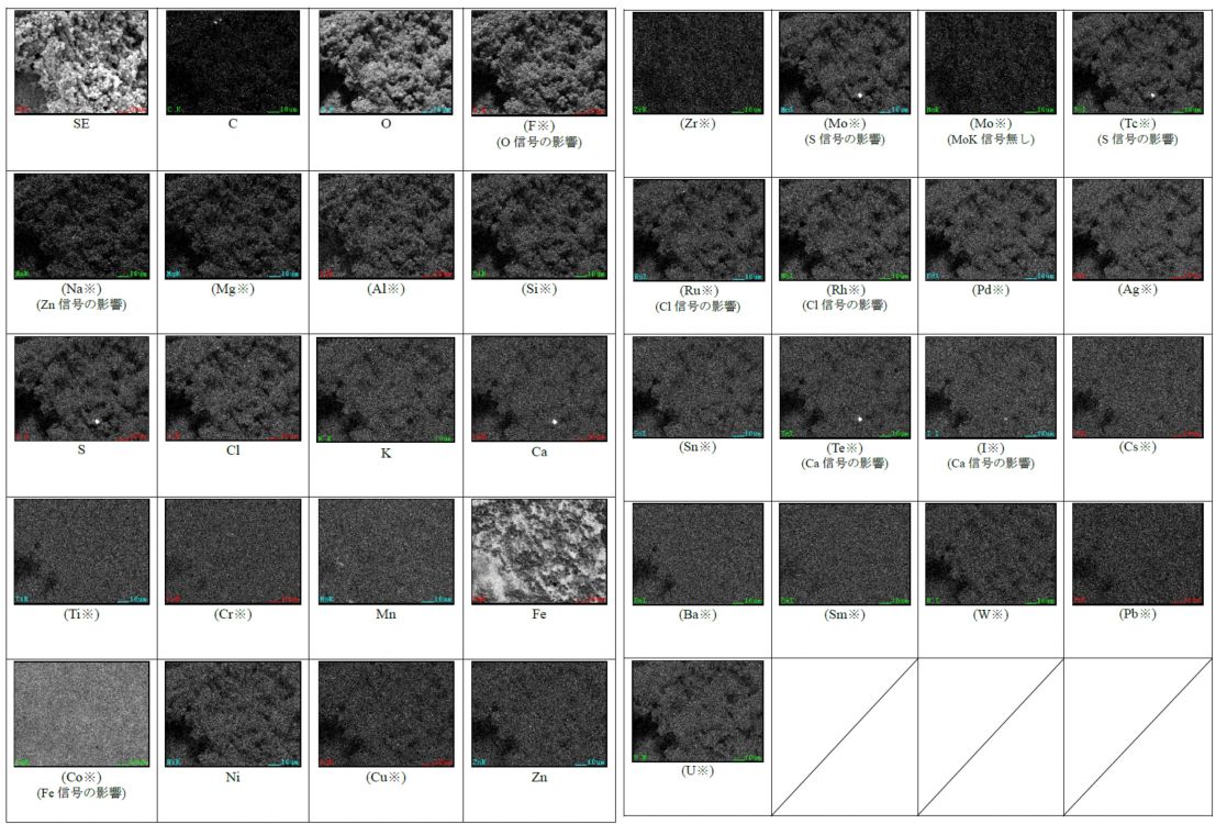 図4 2WEL2103B SEM-EDSマッピング(領域01を含む視野) ※試料からの有意な信号を含まない特性X線像は “※”を付し、括弧書きとした。（すべての輝点が他元素のEDX信号や試料外元素の影響である場合を含む） 他元素からの信号の影響を含む元素マップには、その元素本来の主要な輝点を点線枠で表示した。 SE／C／O／(F※)(O信号の影響)／(Na※)(Zn信号の影響)／(Mg※)／(Al※)／(Si※)／S／Cl／K／Ca／(Ti※)／(Cr※)／Mn／Fe／(Co※)(Fe信号の影響)／Ni／(Cu※)／Zn／ (Zr※)／(Mo※)(S信号の影響)／(Mo※)(MoK信号無し)／(Tc※)(S信号の影響)／(Ru※)(Cl信号の影響)／(Rh※)(Cl信号の影響)／(Pd※)／(Ag※)／(Sn※)／(Te※)(Ca信号の影響)／(I※)(Ca信号の影響)／(Cs※)／(Ba※)／(Sm※)／(W※)／(Pb※)／(U※)