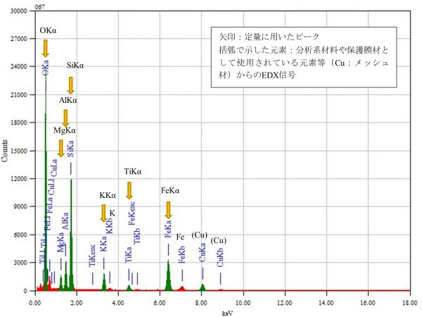 位置⑦ 矢印：定量に用いたピーク 括弧で示した元素：分析系材料や保護膜材として使用されている元素等（Cu：メッシュ材）からのEDX信号