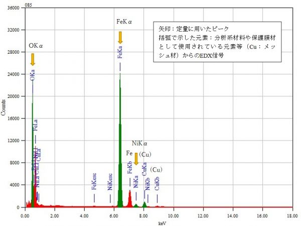 位置⑧ 矢印：定量に用いたピーク 括弧で示した元素：分析系材料や保護膜材として使用されている元素等（Cu：メッシュ材）からのEDX信号