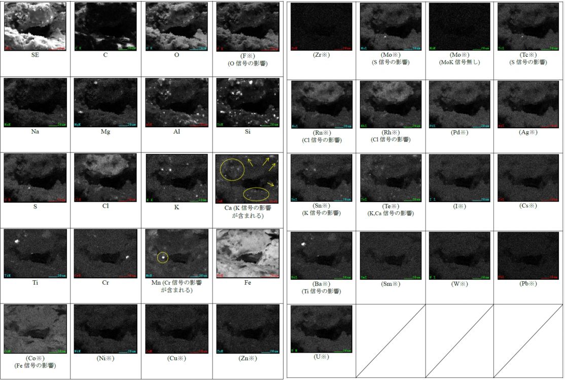 図16 2WEL2103B SEM-EDSマッピング(領域04～05を含む視野) ※試料からの有意な信号を含まない特性X線像は “※”を付し、括弧書きとした。（すべての輝点が他元素のEDX信号や試料外元素の影響である場合を含む） 他元素からの信号の影響を含む元素マップには、その元素本来の主要な輝点を点線枠で表示した。 SE／C／O／(F※)(O信号の影響)／Na／Mg／Al／Si／S／Cl／K／Ca(K信号の影響が含まれる)／Ti／Cr／Mn(Cr信号の影響が含まれる)／Fe／(Co※)(Fe信号の影響)／(Ni※)／(Cu※)／(Zn※)／ (Zr※)／(Mo※)(S信号の影響)／(Mo※)(MoK信号無し)／(Tc※)(S信号の影響)／(Ru※)(Cl信号の影響)／(Rh※)(Cl信号の影響)／(Pd※)／(Ag※)／(Sn※)(K信号の影響)／(Te※)(K,Ca信号の影響)／(I※)／(Cs※)／(Ba※)(Ti信号の影響)／(Sm※)／(W※)／(Pb※)／(U※)
