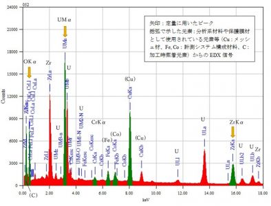 位置⑦ 矢印：定量に用いたピーク 括弧で示した元素：分析系材料や保護膜材として使用されている元素等（Cu：メッシュ材、Fe, Co：計測システム構成材料、C：加工時蒸着元素）からのEDX信号