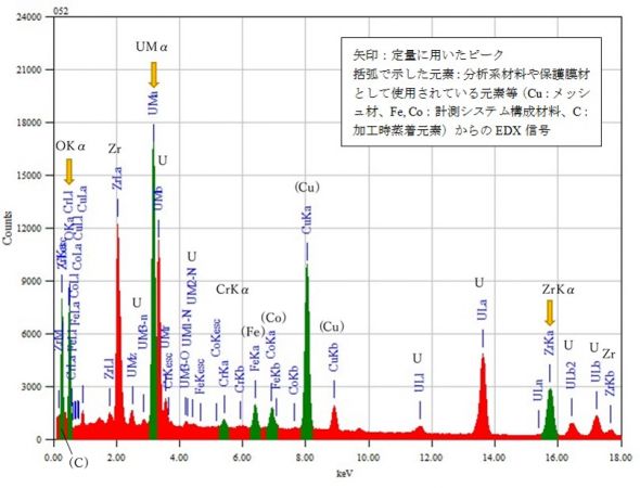 位置⑦ 矢印：定量に用いたピーク 括弧で示した元素：分析系材料や保護膜材として使用されている元素等（Cu：メッシュ材、Fe, Co：計測システム構成材料、C：加工時蒸着元素）からのEDX信号