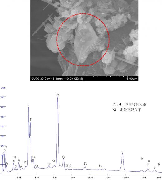 図9 2PEN2103 領域02中央付近を中心としたEDS点分析のスペクトル 注意事項：上図の赤破線の中心をEDX点分析の中心とした。 なお、赤破線はEDX点分析の範囲を示しているわけではない。 Pt, Pd：蒸着材料元素 Ni：定量下限以下