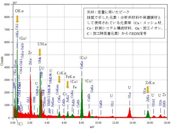 位置② 矢印：定量に用いたピーク 括弧で示した元素：分析系材料や保護膜材として使用されている元素等（Cu：メッシュ材、Co：計測システム構成材料、Ga：加工イオン、C：加工時蒸着元素）からのEDX信号