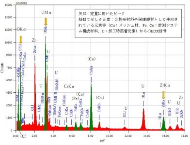 位置② 矢印：定量に用いたピーク 括弧で示した元素：分析系材料や保護膜材として使用されている元素等（Cu：メッシュ材、Fe, Co：計測システム構成材料、C：加工時蒸着元素）からのEDX信号