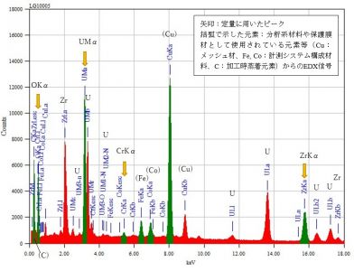位置③ 矢印：定量に用いたピーク 括弧で示した元素：分析系材料や保護膜材として使用されている元素等（Cu：メッシュ材、Fe, Co：計測システム構成材料、C：加工時蒸着元素）からのEDX信号