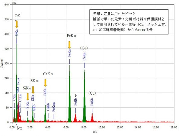 位置⑩ 矢印：定量に用いたピーク 括弧で示した元素：分析系材料や保護膜材として使用されている元素等（Cu：メッシュ材、C：加工時蒸着元素）からのEDX信号