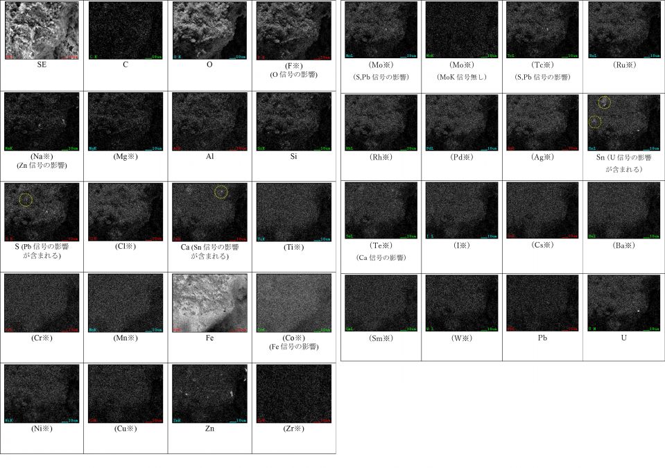図11 2WEL2101B-1のSEM-EDSマッピング(領域03を含む視野) SE／C／O／(F※)(O信号の影響)／(Na※)(Zn信号の影響)／(Mg※)／Al／Si／S(Pb信号の影響が含まれる)／(Cl※)／Ca(Sn信号の影響が含まれる)／(Ti※)／(Cr※)／(Mn※)(Cr信号の影響)／Fe／(Co※)(Fe信号の影響)／(Ni※)／(Cu※)／Zn／ (Zr※)／(Mo※)(S,Pb信号の影響)／(Mo※)(MoK信号無し)／(Tc※)(S,Pb信号の影響)／(Ru※)／(Rh※)／(Pd※)／(Ag※)／(Sn※)(U信号の影響が含まれる)／(Te※)(Ca信号の影響)／(I※)／(Cs※)／(Ba※)／(Sm※)／(W※)／Pb／U