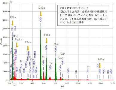 位置⑩ 矢印：定量に用いたピーク 括弧で示した元素：分析系材料や保護膜材として使用されている元素等（Cu：メッシュ材、C：加工時蒸着元素、Ga：加工イオン）からのEDX信号