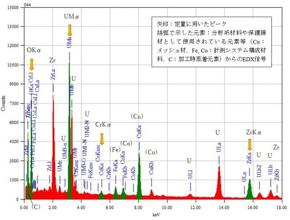 位置④ 矢印：定量に用いたピーク 括弧で示した元素：分析系材料や保護膜材として使用されている元素等（Cu：メッシュ材、Fe, Co：計測システム構成材料、C：加工時蒸着元素）からのEDX信号
