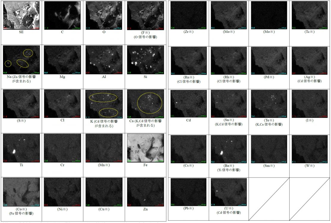 図12 2WEL2103B SEM-EDSマッピング(領域03を含む視野) ※試料からの有意な信号を含まない特性X線像は “※”を付し、括弧書きとした。（すべての輝点が他元素のEDX信号や試料外元素の影響である場合を含む） 他元素からの信号の影響を含む元素マップには、その元素本来の主要な輝点を点線枠で表示した。 SE／C／O／(F※)(O信号の影響)／Na(Zn信号の影響が含まれる)／Mg／Al／Si／(S※)／Cl／K(Cd信号の影響が含まれる)／Ca(K,Cd信号の影響が含まれる)／Ti／Cr／(Mn※)／Fe／(Co※)(Fe信号の影響)／(Ni※)／(Cu※)／Zn／ (Zr※)／(Mo※)／(Mo※)／(Tc※)／(Ru※)(Cl信号の影響)／(Rh※)(Cl信号の影響)／(Pd※)／(Ag※)(Cd信号の影響)／Cd／(Sn※)(K,Cd信号の影響)／(Te※)(K,Ca信号の影響)／(I※)／(Cs※)／(Ba※)(Ti信号の影響)／(Sm※)／(W※)／(Pb※)／(U※)(Cd信号の影響)