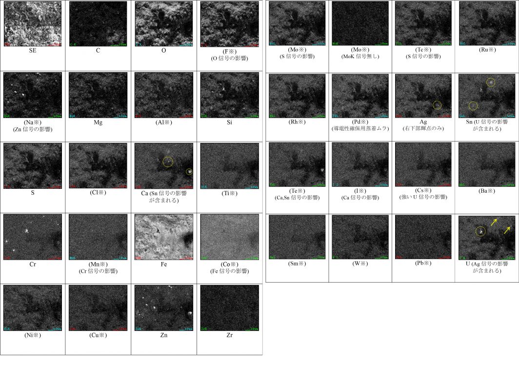 図19 2WEL2101B SEM-EDSマッピング(領域05を含む視野)(1) ※試料からの有意な信号を含まない特性X線像は “※”を付し、括弧書きとした。（すべての輝点が他元素のEDX信号や試料外元素の影響である場合を含む） 他元素からの信号の影響を含む元素マップには、その元素本来の主要な輝点を点線枠で表示した。 SE／C／O／(F※)(O信号の影響)／(Na※)(Zn信号の影響)／Mg／(Al※)／Si／S／(Cl※)／Ca(Sn信号の影響が含まれる)／(Ti※)／Cr／(Mn※)(Cr信号の影響)／Fe／(Co※)(Fe信号の影響)／(Ni※)／(Cu※)／Zn／Zr／(Mo※)(S信号の影響)／(Mo※)(MoK信号無し)／(Tc※)(S信号の影響)／(Ru※)／(Rh※)／(Pd※)(導電性確保用蒸着ムラ)／Ag(右下部輝点のみ)／Sn(U信号の影響が含まれる)／(Te※)(Ca,Sn信号の影響)／(I※)(Ca信号の影響)／(Cs※)(強いU信号の影響)／(Ba※)／(Sm※)／(W※)／(Pb※)／U(Ag信号の影響が含まれる)