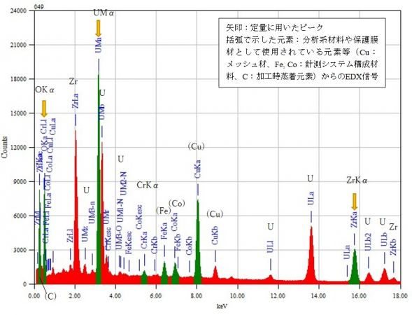 位置⑥ 矢印：定量に用いたピーク 括弧で示した元素：分析系材料や保護膜材として使用されている元素等（Cu：メッシュ材、Fe, Co：計測システム構成材料、C：加工時蒸着元素）からのEDX信号