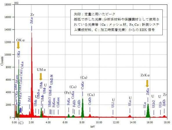 位置① 矢印：定量に用いたピーク 括弧で示した元素：分析系材料や保護膜材として使用されている元素等（Cu：メッシュ材、Fe, Co：計測システム構成材料、C：加工時蒸着元素）からのEDX信号