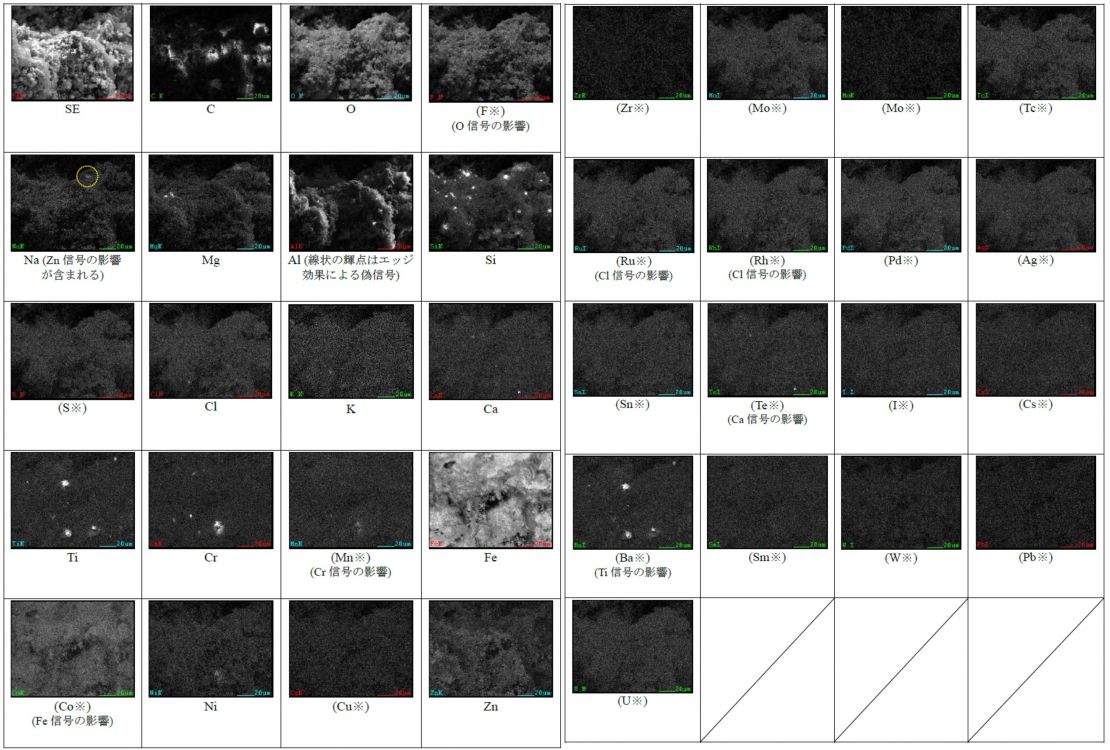 図22 2WEL2103B SEM-EDSマッピング(領域06を含む視野) ※試料からの有意な信号を含まない特性X線像は “※”を付し、括弧書きとした。（すべての輝点が他元素のEDX信号や試料外元素の影響である場合を含む） 他元素からの信号の影響を含む元素マップには、その元素本来の主要な輝点を点線枠で表示した。 SE／C／O／(F※)(O信号の影響)／(Na※)(Zn信号の影響が含まれる)／Mg／Al(線状の輝点はエッジ効果による偽信号)／Si／(S※)／Cl／K／Ca／Ti／Cr／(Mn※)(Cr信号の影響)／Fe／(Co※)(Fe信号の影響)／Ni／(Cu※)／Zn／ (Zr※)／(Mo※)／(Mo※)／(Tc※)／(Ru※)(Cl信号の影響)／(Rh※)(Cl信号の影響)／(Pd※)／(Ag※)／(Sn※)／(Te※)(Ca信号の影響)／(I※)／(Cs※)／(Ba※)(Ti信号の影響)／(Sm※)／(W※)／(Pb※)／(U※)